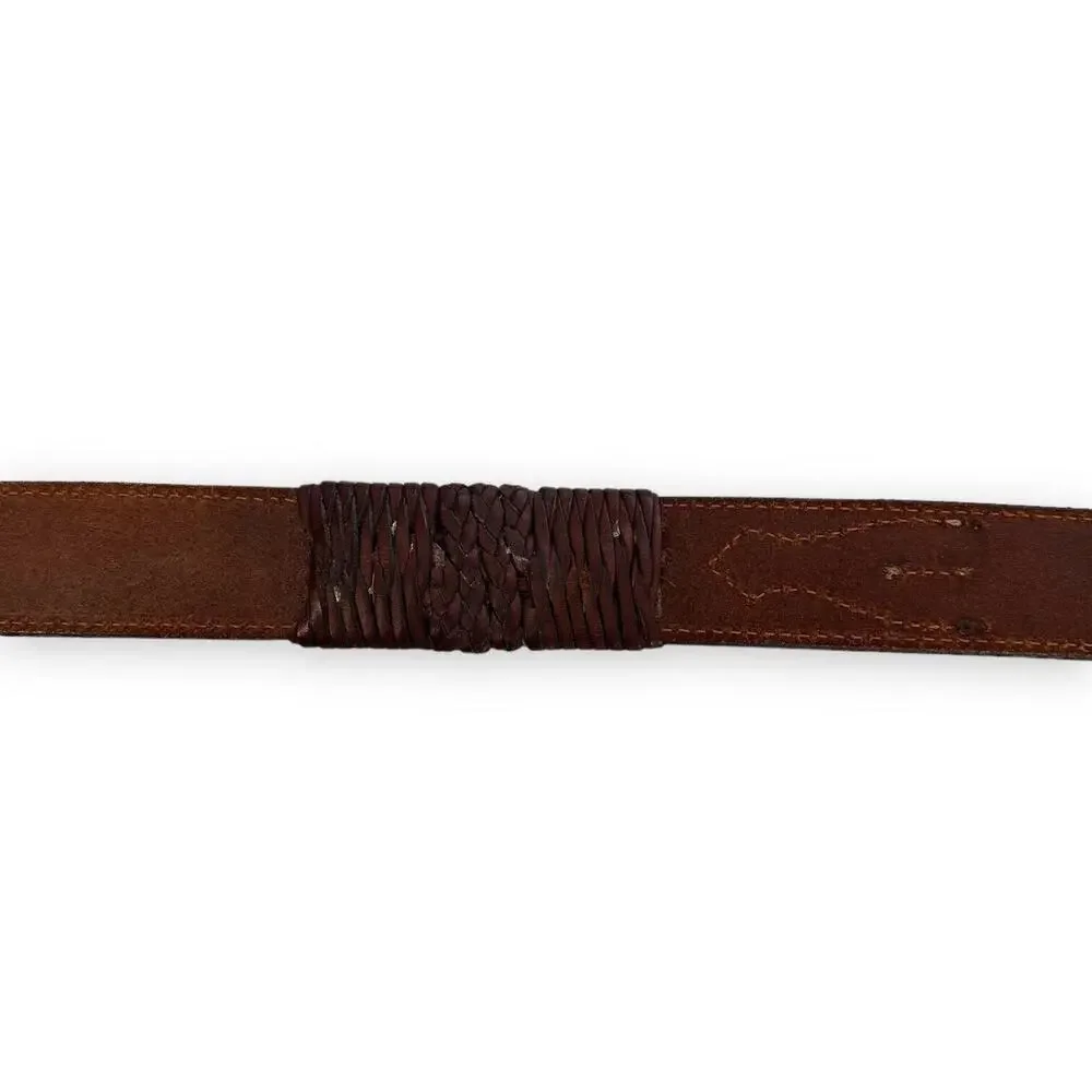 Unisex Western Belt Sz S/M 3D Brown Leather Silver Buckle Braided Details